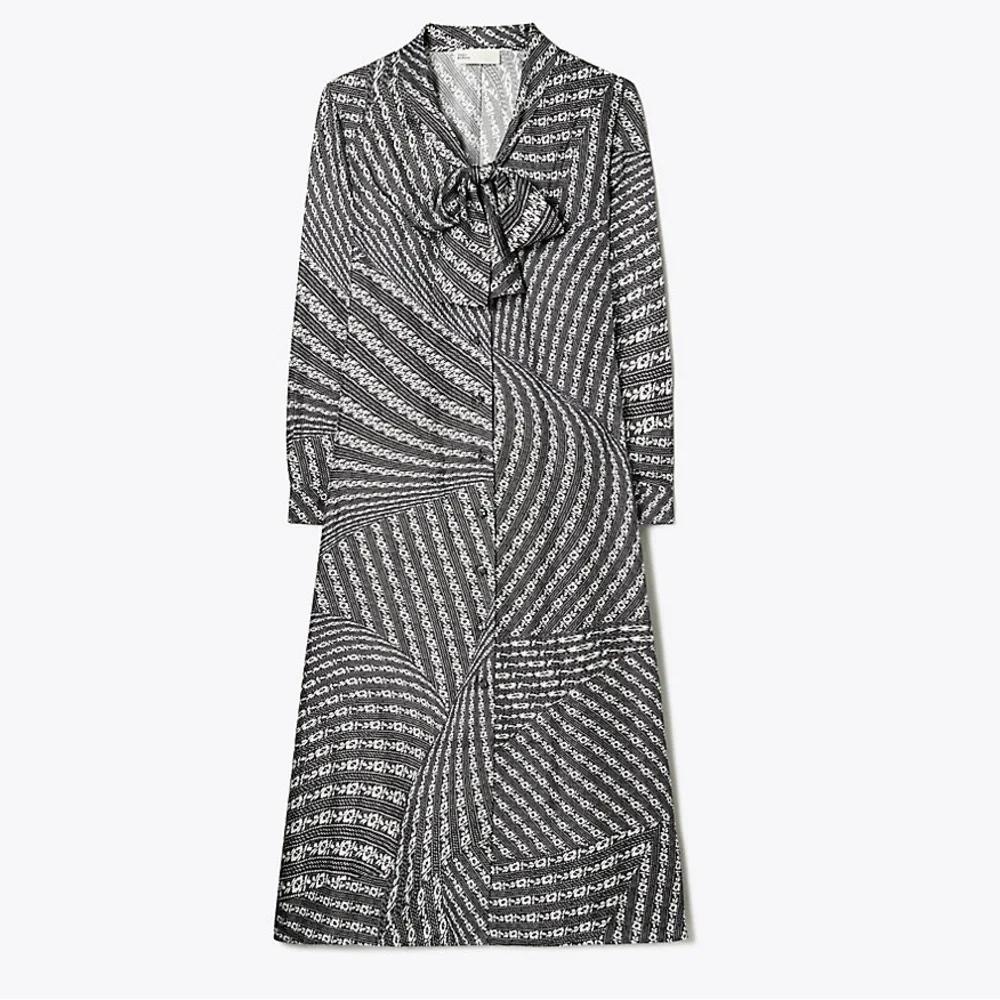 NWT $898 Tory Burch Printed Bow Blouse Dress In Black Warped Lace